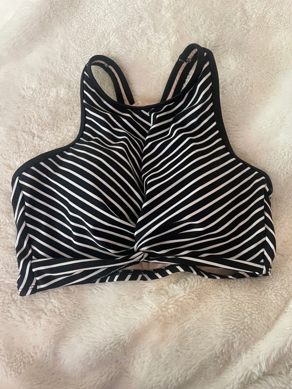 Kona Sol Longline Twist Bikini Top. Navy and Cream Stripe. Racerback. Size M EUC
